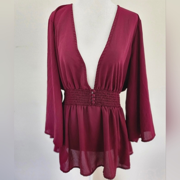 Torrid Babydoll Women's Elegant Burgundy Georgette Smocked Blouse Size 2X. - Picture 2 of 15